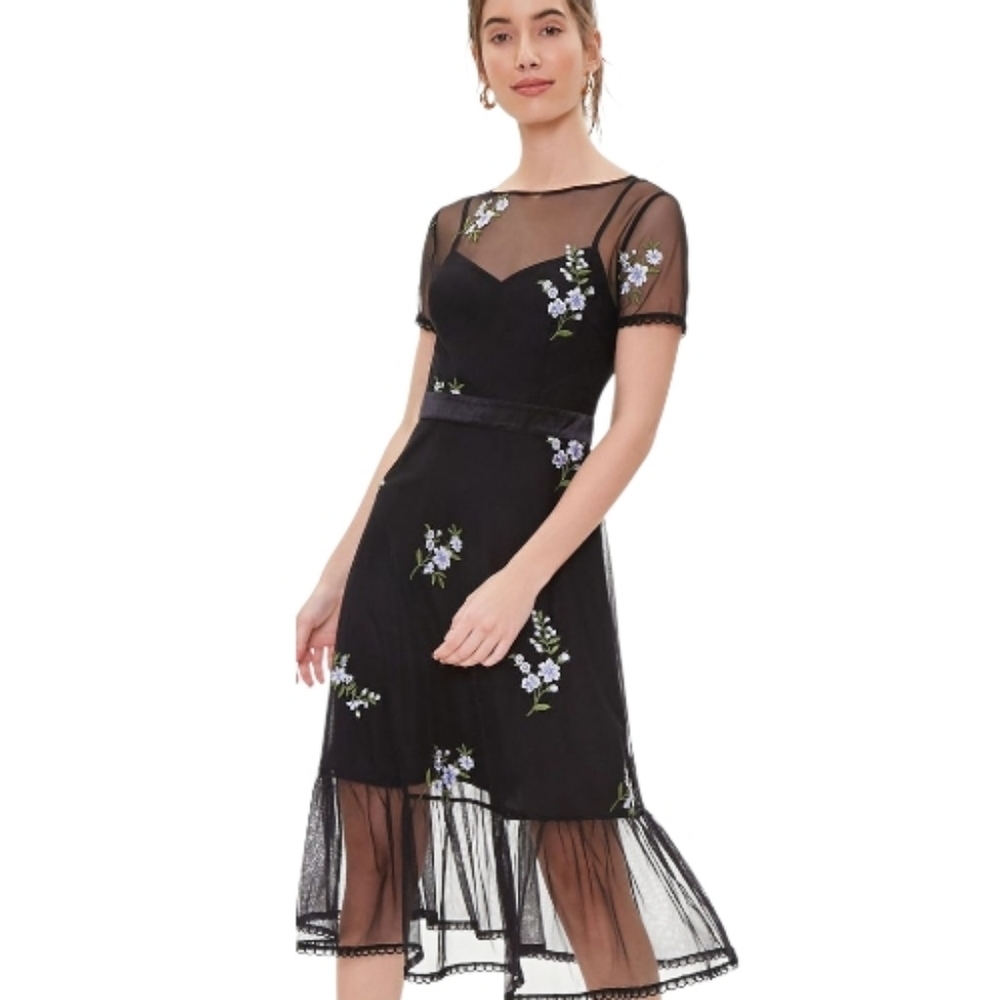 Forever 21 Black Mesh Embroidery Floral Midi Dress Fairy Goth Dark Romantic Sz S